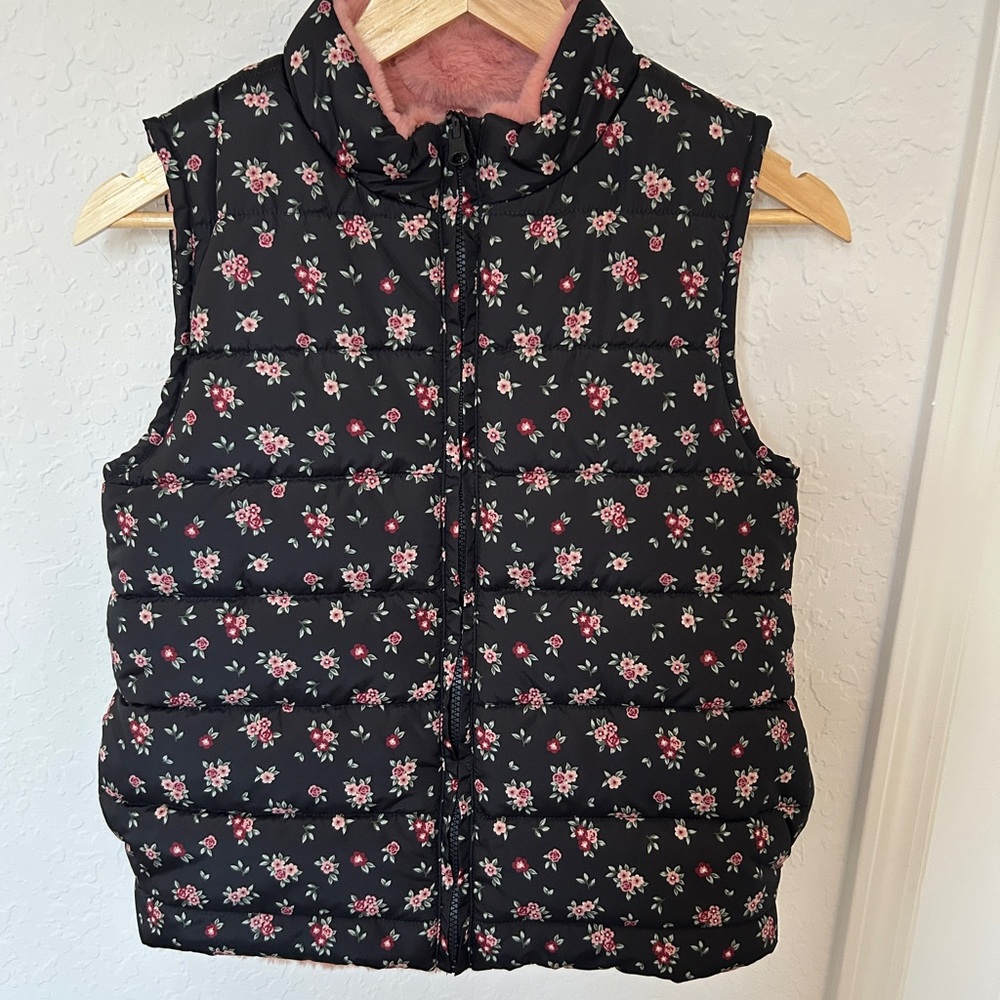 Black Floral/Pink Faux Fur Reversible Puffer Vest
